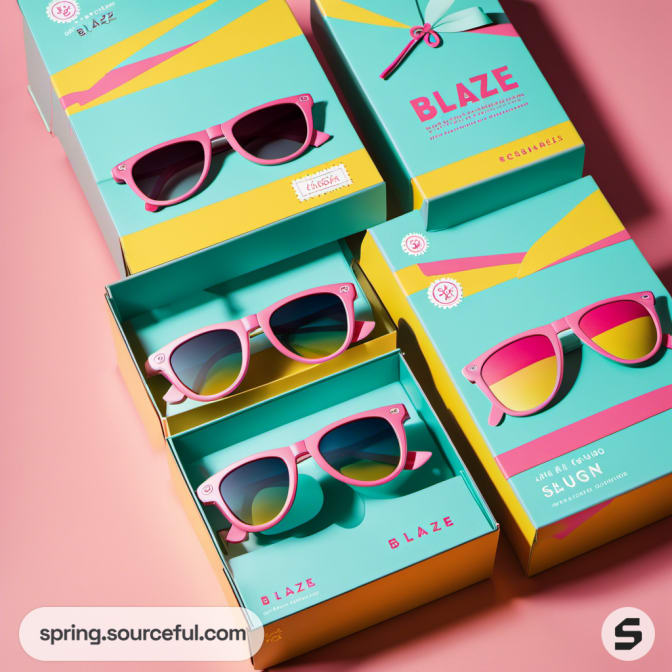 Vibrant packaging featuring sunglasses in pink and yellow tones on a pink surface.