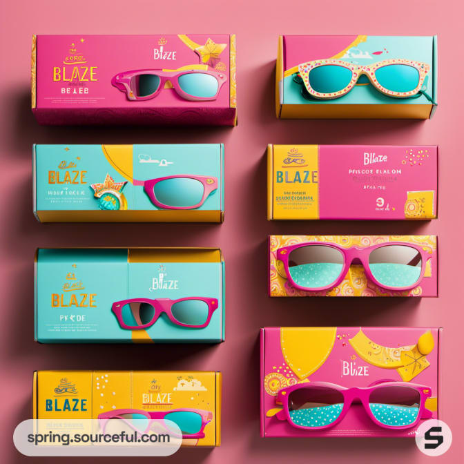 Assorted rectangular boxes with playful designs and sunglasses graphics.