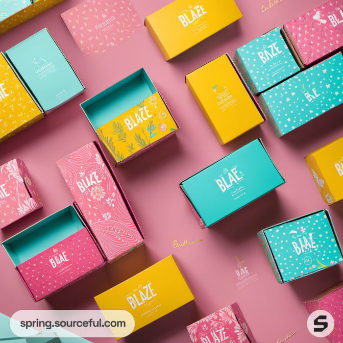 Various colorful boxes with floral and abstract designs on a pink surface.