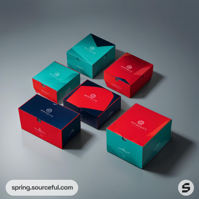 Six small red and teal boxes, square shapes with simple logo on top.