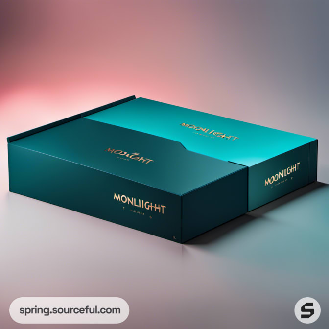 Elegant teal mailer box with gold text, sleek and modern design.