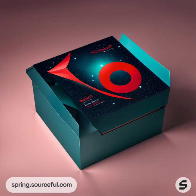 Teal box with a vibrant red and black space-themed lid design.