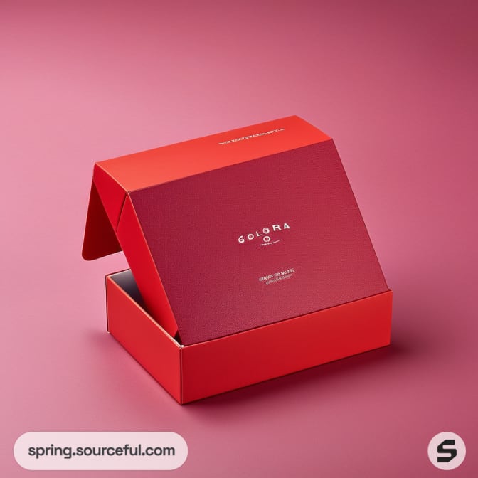 Red gift box partially open on pink background.