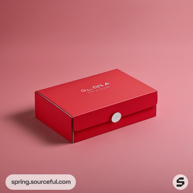 Red closed box with circular clasp on pink background.