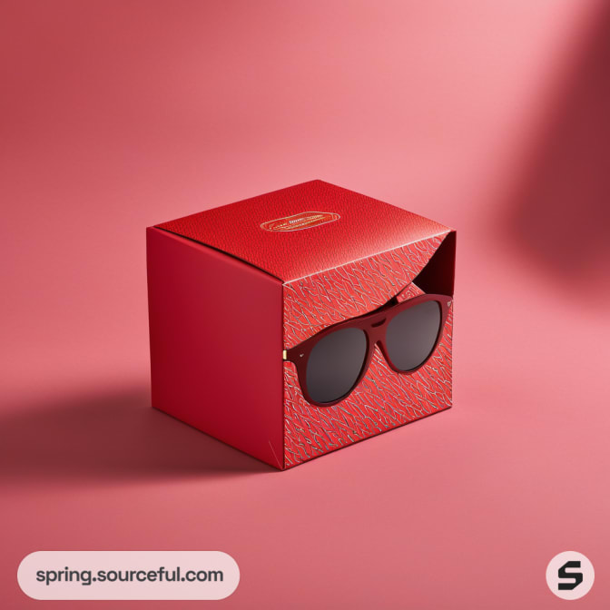 Red box open displaying sunglasses on pink background.