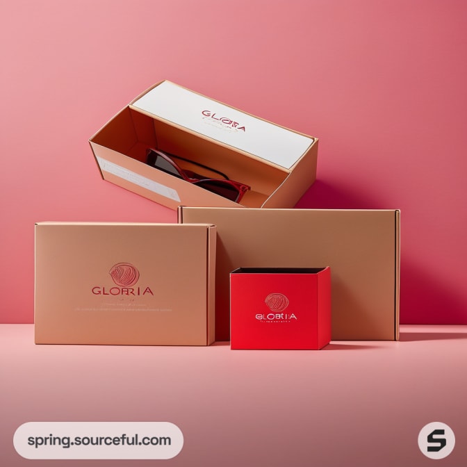 Red and beige boxes with sunglasses on pink background.