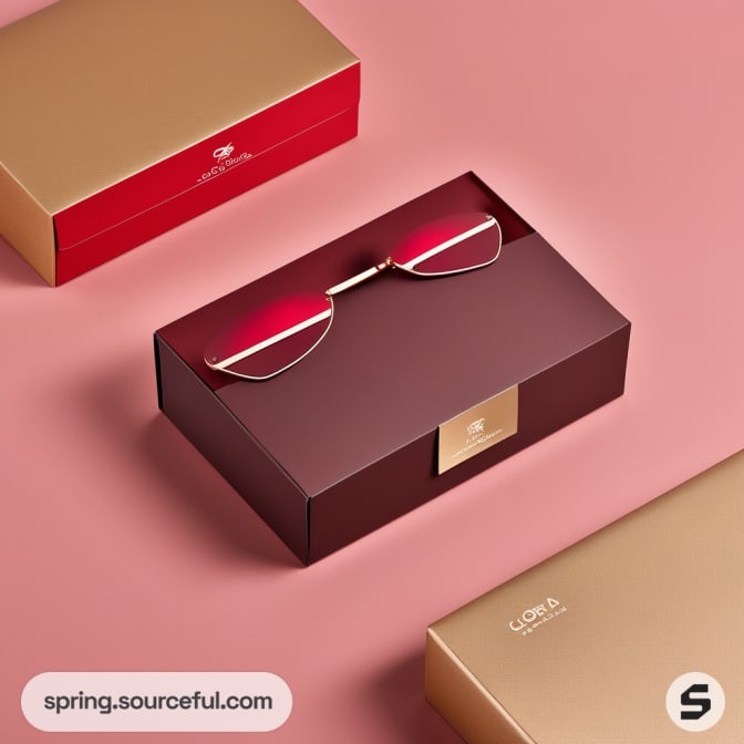 Sunglasses in red and gold box on pink background.