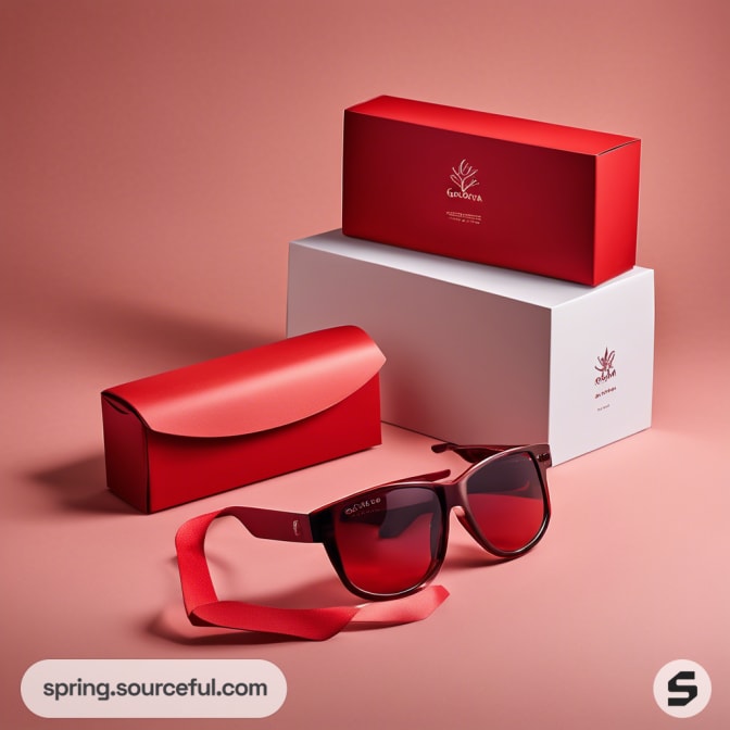 Sunglasses with red boxes and case on pink surface.