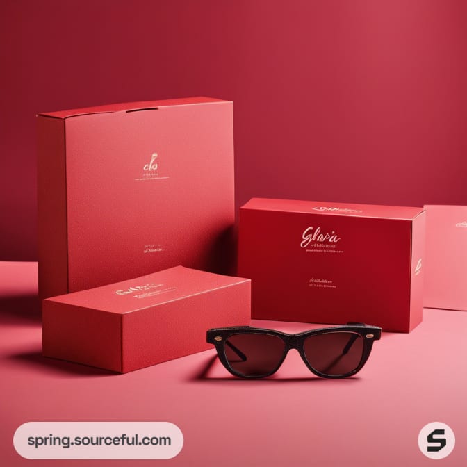 Assorted red boxes with sunglasses on dark red background.