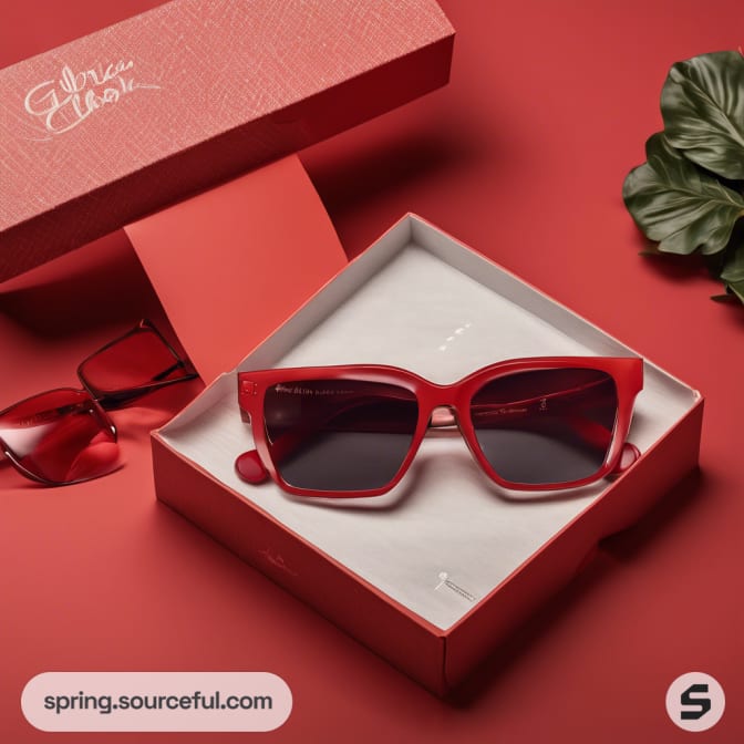 Red sunglasses in open red box with green leaf.