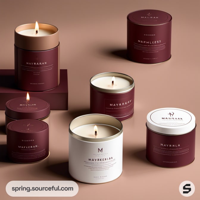 Lit burgundy and white candle tins