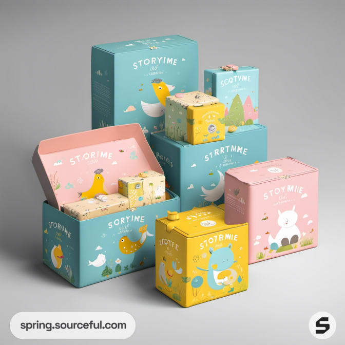 Colorful children's packaging with animal illustrations on boxes.