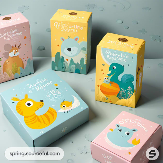 Storybook-themed packages with playful animal designs.