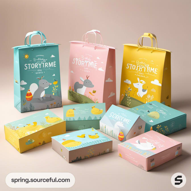 Assorted children's packaging with storytime themes.