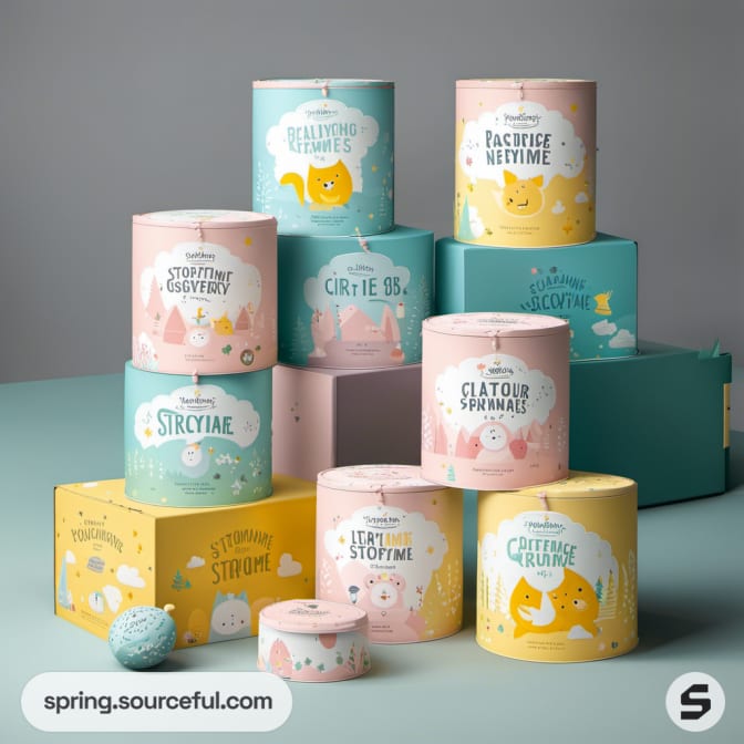 Cylindrical and box packaging with cute animal graphics.