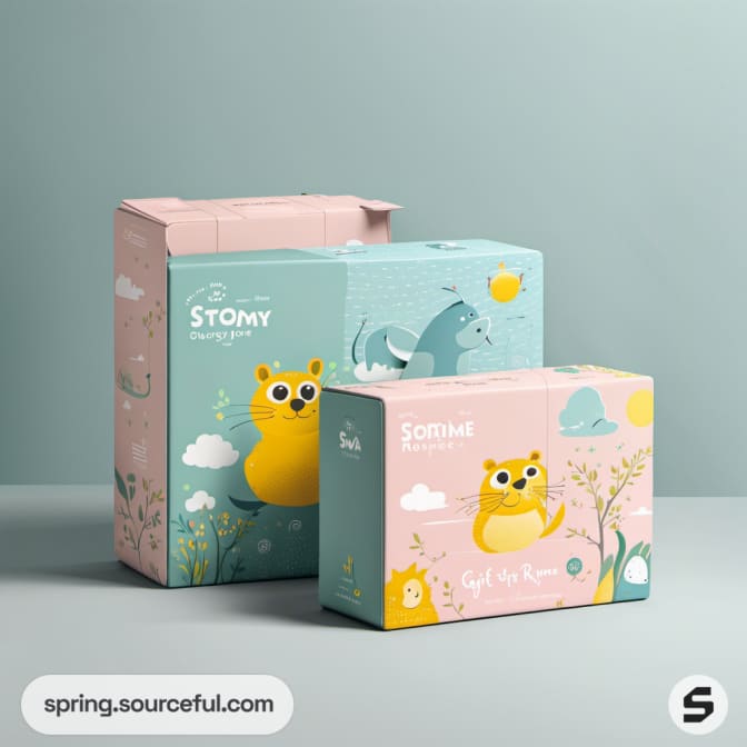 Animal-themed pastel boxes for children's products.