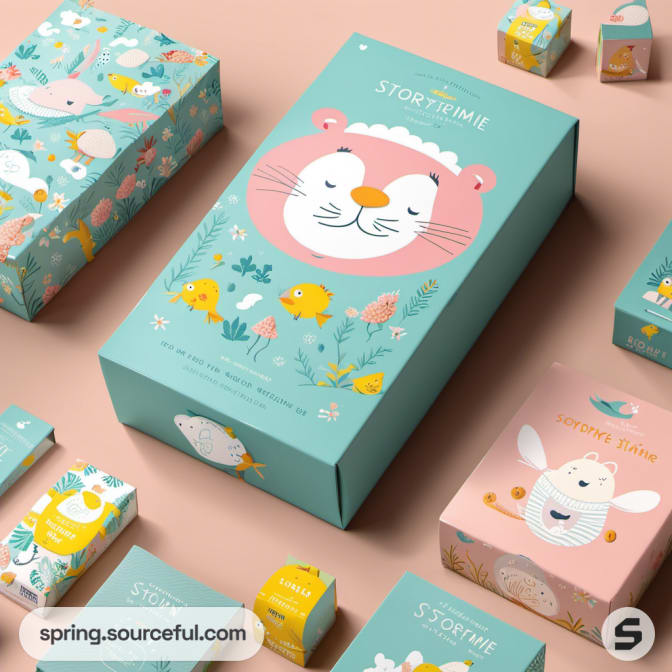 Large teal box with animal illustration and smaller packages.