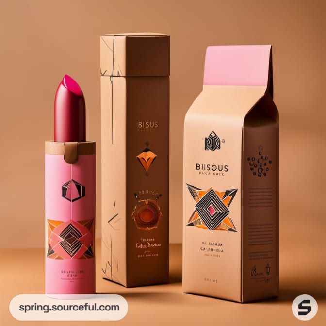 Pink lipstick with geometric patterned packaging on brown background.