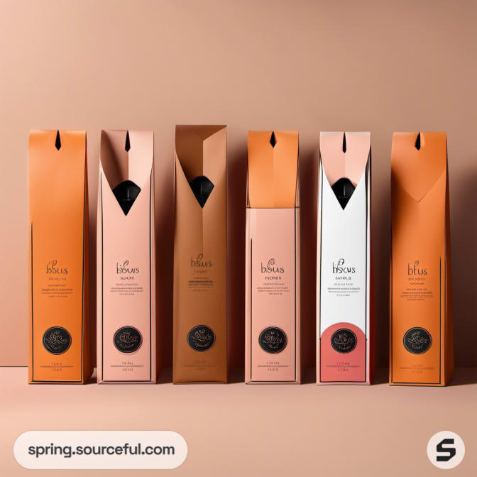 Tall, detailed orange and peach perfume boxes in a row.