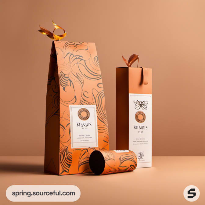 Two gift bags with artistic designs and orange tones.