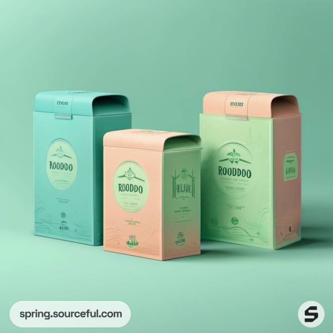 Three colorful rectangular cartons in green and pink