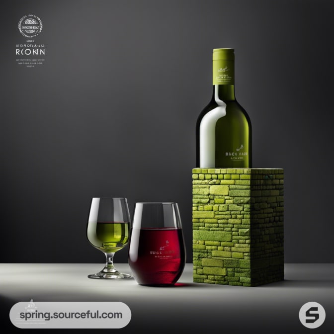 Wine bottle with two glasses, stone-textured packaging.