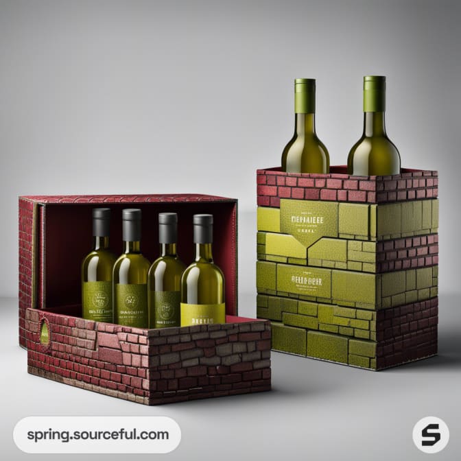 Four wine bottles in brick-patterned cardboard packaging.