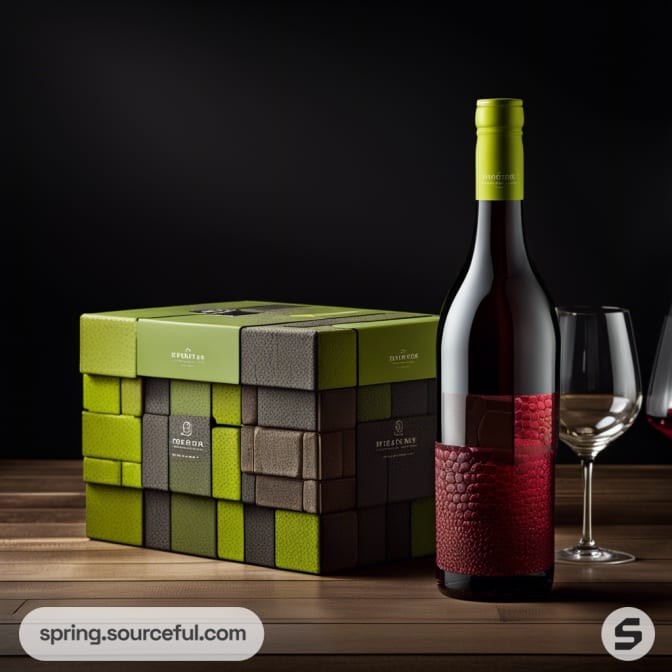 Wine bottle and glasses with two-tone textured box.