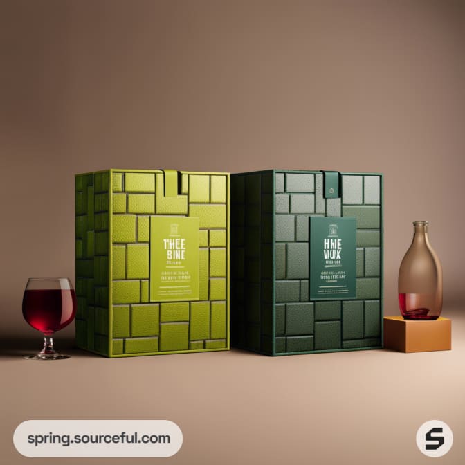 Two green rectangular boxes with wine labels and a glass.