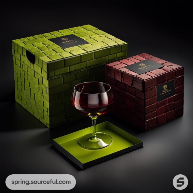 Green and red brick-patterned boxes with wine glass.