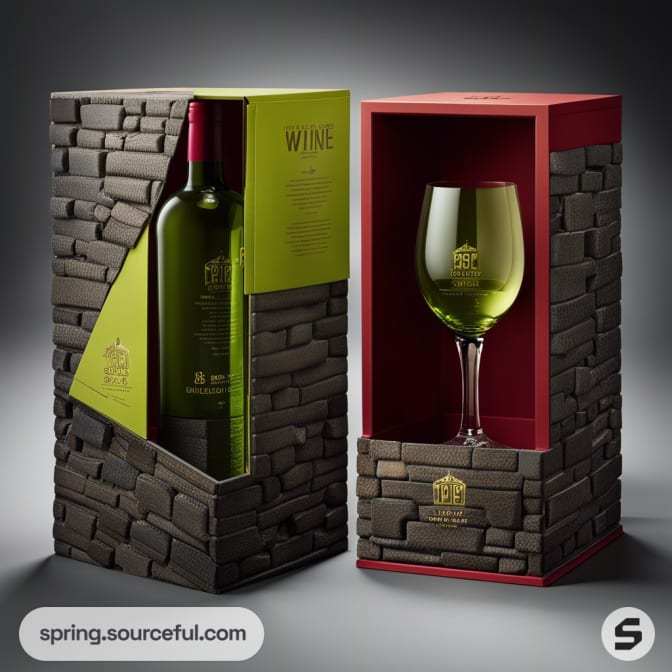 Two vertical boxes with stone texture, wine bottle inside.