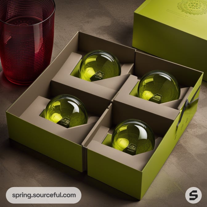 Four glasses in a green box with a red glass nearby.