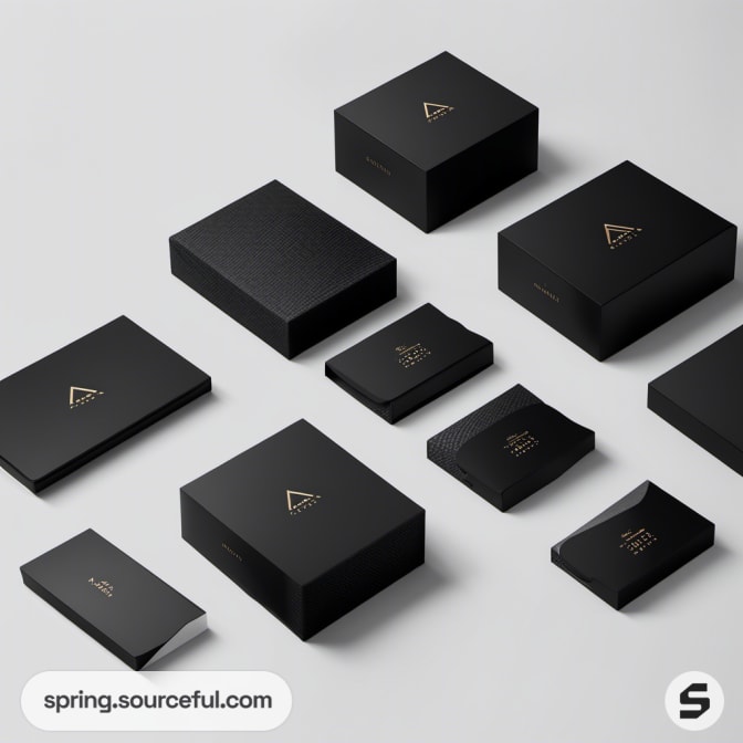 Black themed packaging boxes with gold logos, various sizes and shapes on a light background.