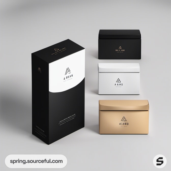Black, white, and gold product boxes with simple logo design and text, arranged together.