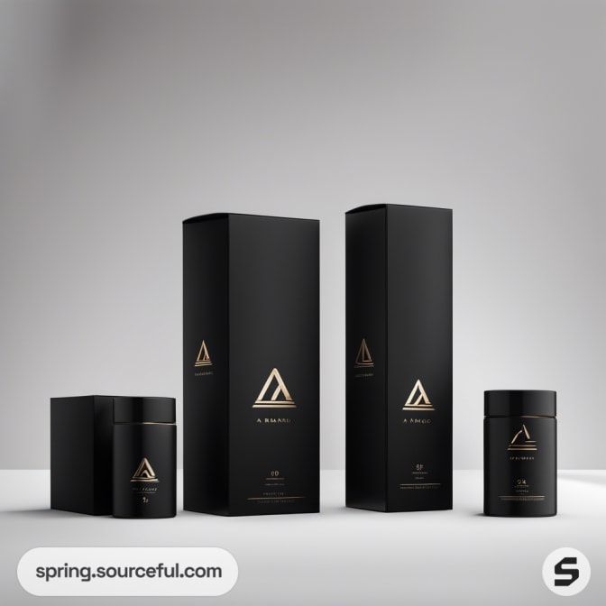 Tall black cylindrical boxes with gold logos, next to smaller square boxes, on a gray background.