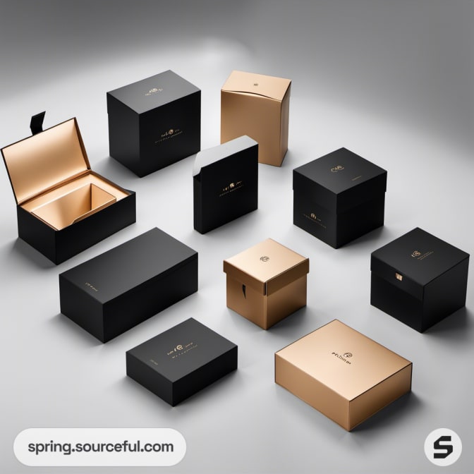 Assorted black and gold product boxes, some open, showcasing elegant packaging design.