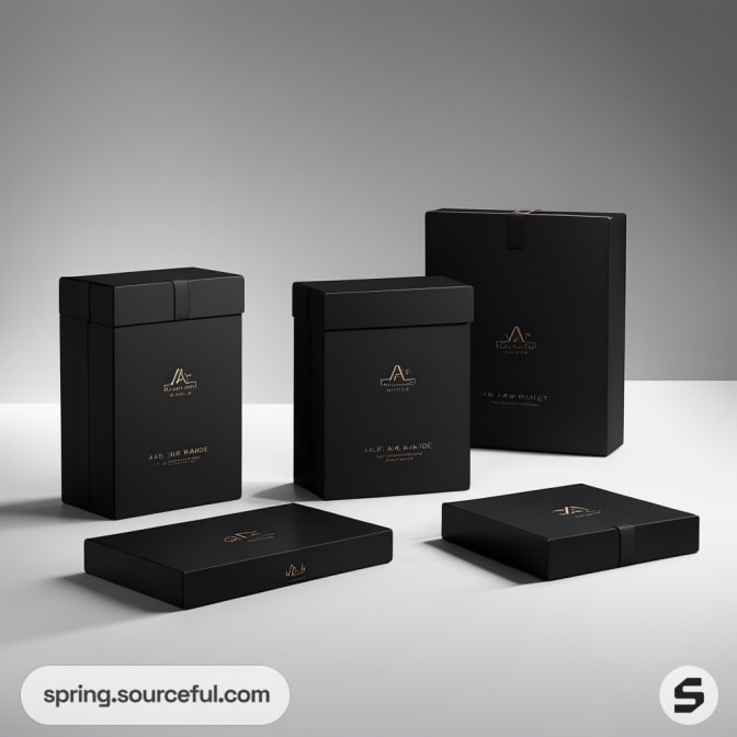 Black rectangular boxes with gold text and logos, neatly arranged on a plain surface.