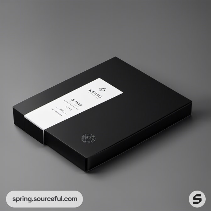 Flat black box with a partial white section and minimal text and design details.