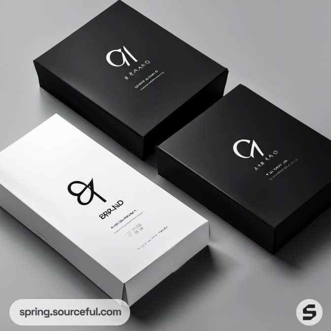 Three rectangular boxes, two black and one white, with simple monochrome logo designs and text.