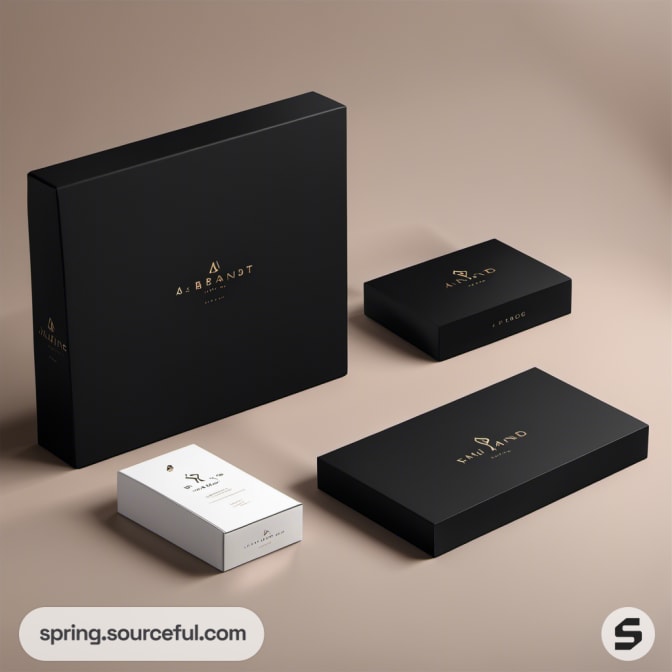 Black rectangular boxes with gold lettering, alongside a smaller white box with text.