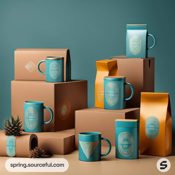 Variety of cups and packages with teal and orange on a blue backdrop.