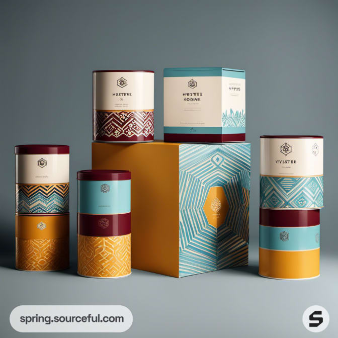 Cylindrical and boxed packages with geometric patterns in bold colors.