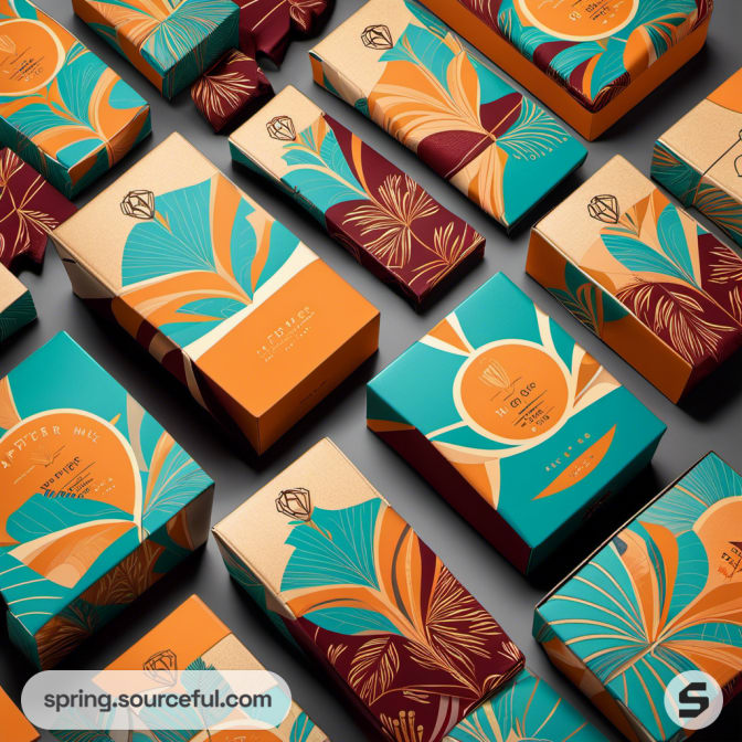 Boxes with teal and orange floral designs arranged artistically.