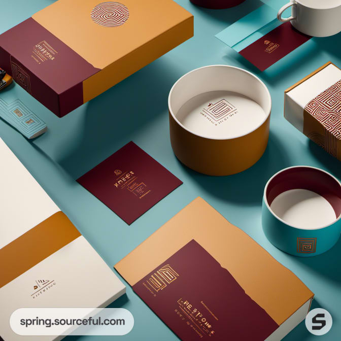 Assorted packaging with modern design in teal and gold hues.