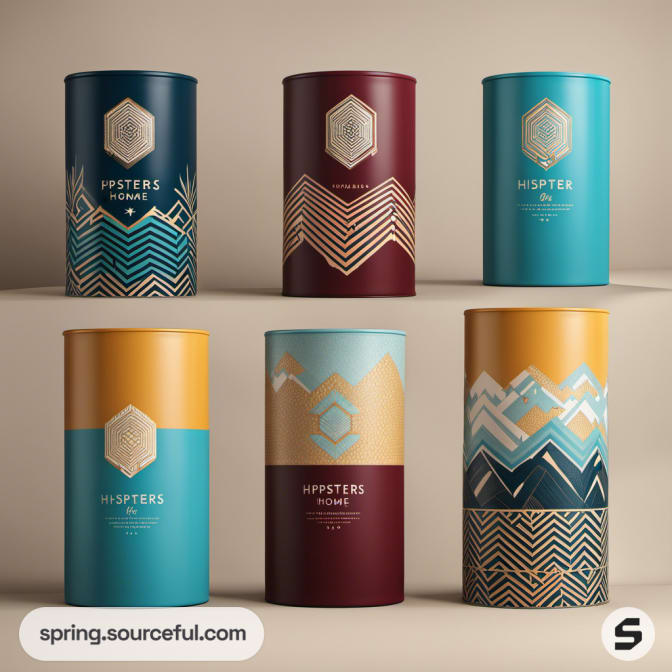 Cylindrical packages with abstract mountain designs in warm tones.