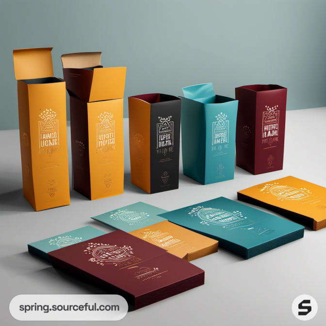 Tall boxes and flat packages with bright colors and minimal text.