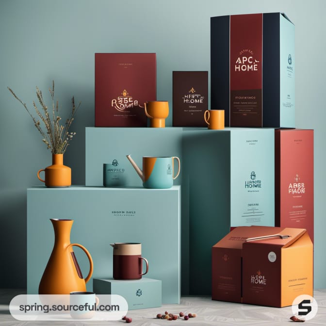 Decorative boxes and vases in teal and orange on light blue backdrop.