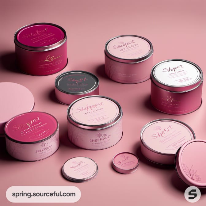 Round pink containers with various labels on a pink background.