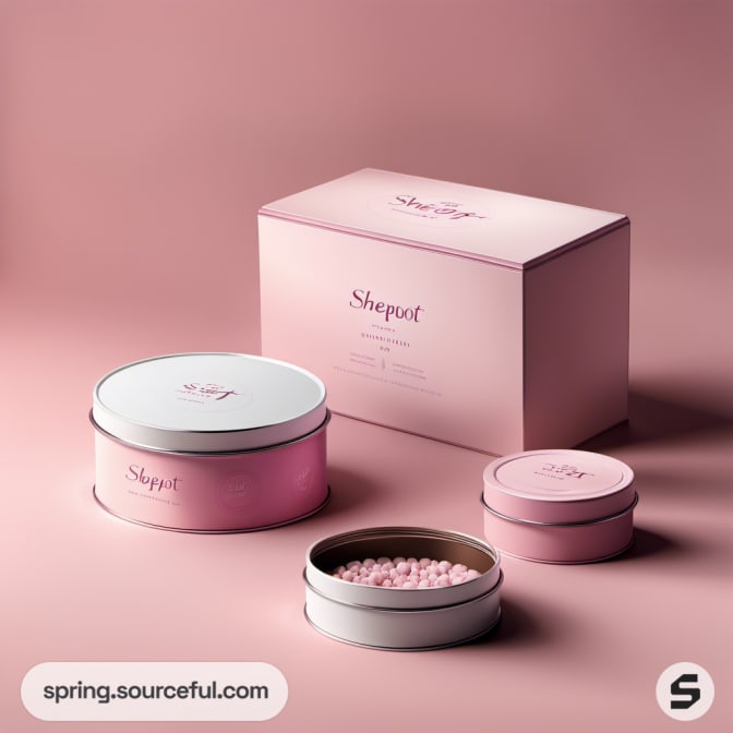 Pink tins and box packaging with small round items inside.