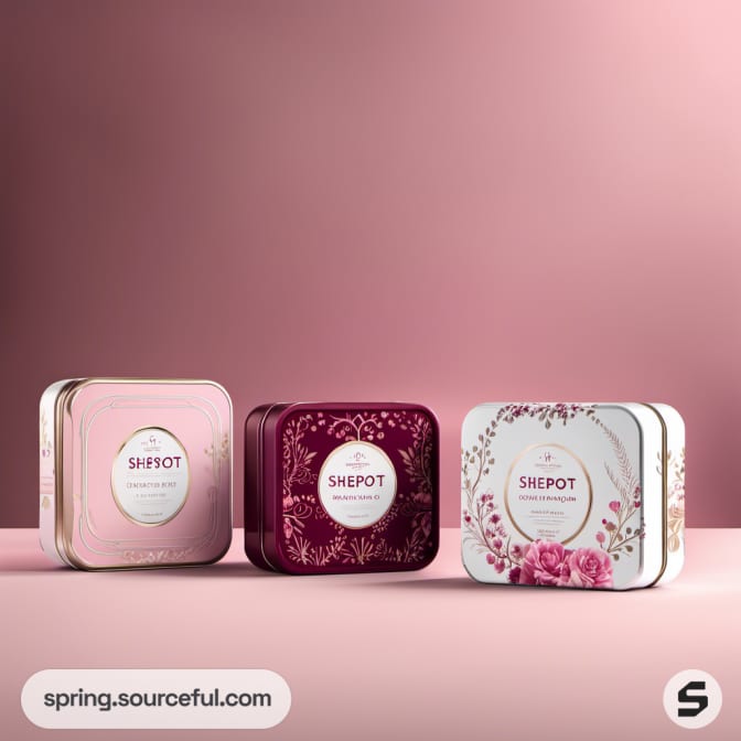 Floral square tins in shades of pink on a pink gradient background.